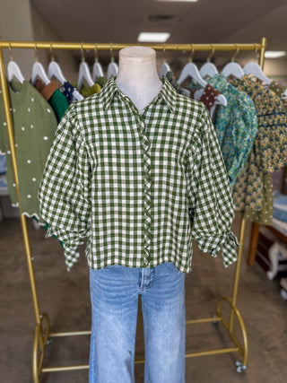 Olive Gingham Picnic Scallop Trim Blouse