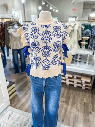 Royal Blue Look This Way Sleeveless Bow Tie Sweater Scallop Edge