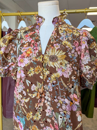 Brown Fields of Florals Eyelet Midi Dress