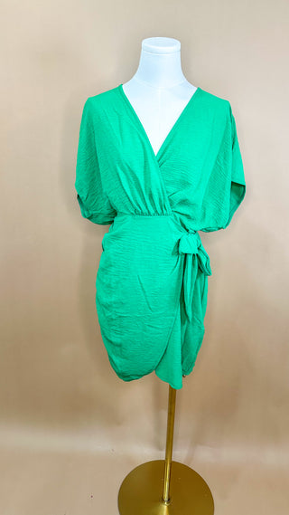 Kelly Green Tie Waist V-Neck Dress