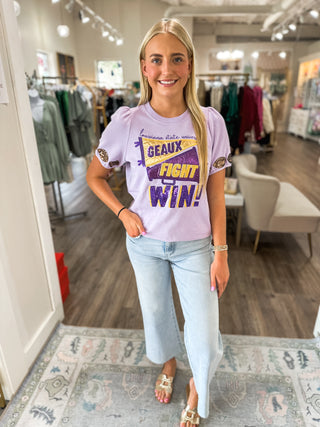 PRE-ORDER: Purple & Gold Geaux, Fight, WIN Sequin Spirit Puff Sleeve Top