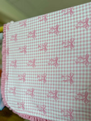 Pink Bows & Gingham Ruffle Trim Baby Blanket