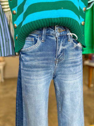 Iconic Two-Tone Contrast Side Detail Crop Wide Leg Denim - Vervet