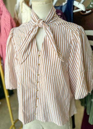 Camel Striped Magnolia Bow Button Down Blouse