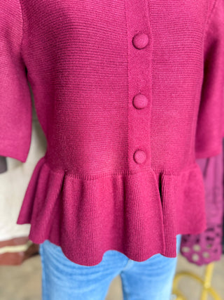 The Burgundy Hadley Peplum Short Sleeve Cardigan