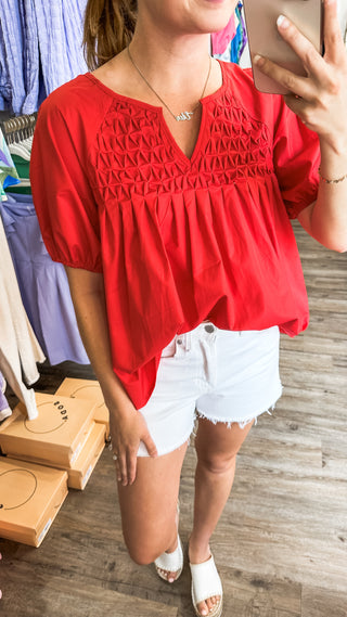 Red Textured Mini V Neck Poplin Top