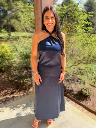 Navy Sutton Halter Neck Satin Midi Dress