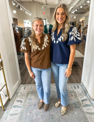 Navy Vine Embroidered Top