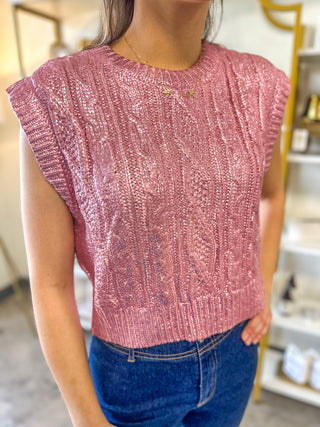 Pink Shimmer Season Sleeveless Cable Knit Cropped Sweater