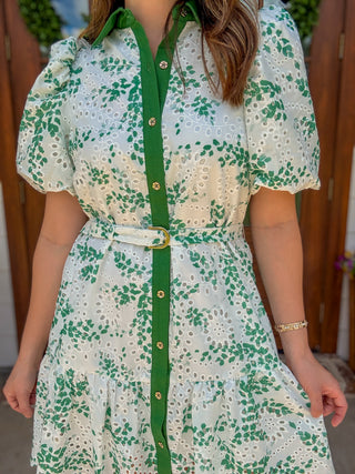 Green Eyelet Dream Belted Mini Dress
