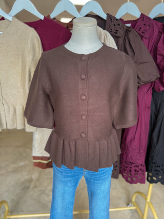 The Brown Hadley Peplum Short Sleeve Cardigan