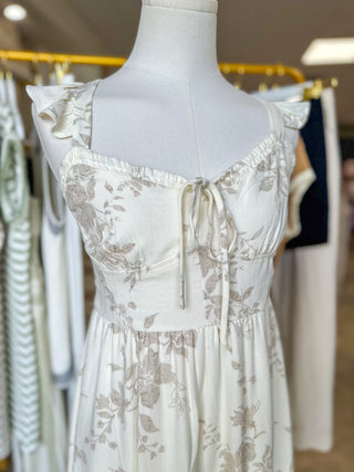 Natural Floral Front Tie Ruffle Detail Midi Dress