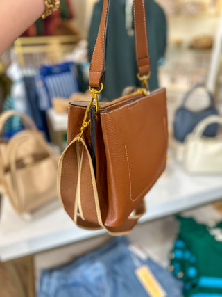 Brown Corinna Bucket Bag W/ Two-Tone Canvas Strap