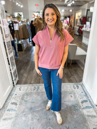 DOORBUSTER: Light Rose Elevate Me Ribbed High Neck Half Zip Top