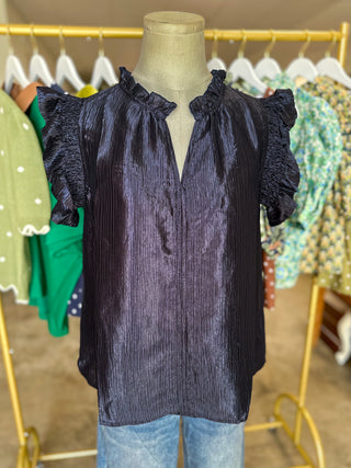 Navy Metallic Woven Flutter Sleeve Top