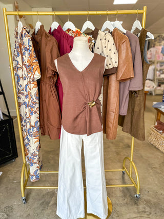 Brown Gathered & Gold V-Neck Top