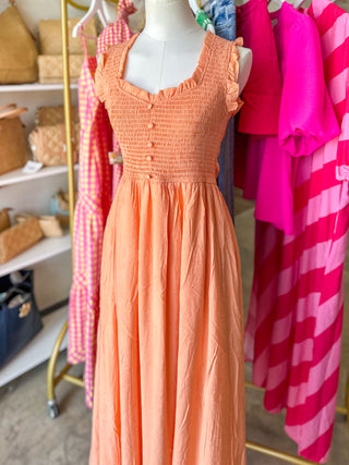 Peachy Sweetheart Smocked Mock Button Midi Dress