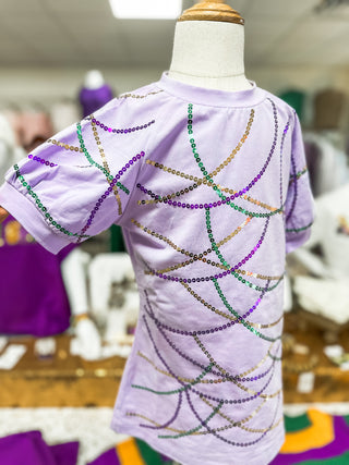 PRE-ORDER: Children Mardi Gras Beads Please Sequin Luxe Puff Sleeve Dress