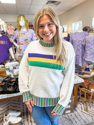 Party Down Main Street Mardi Gras Stripe Sweater Top Pin Stripe Bands