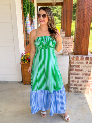 Blue & Green Striped Emerald Cost Maxi Dress