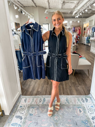 Navy Whisper Stitch Collared Mini Dress W/ Belt