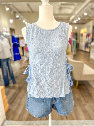 Sky Blue Bubble Textile Sweet Bow Sleeveless Top
