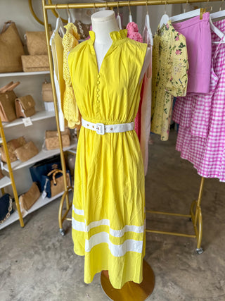 Lemon Coastal Elegance Belted Midi Dress