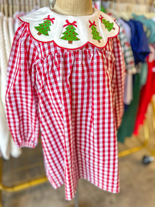 DRESS- Christmas Embroidered Christmas Tree Plaid Dress