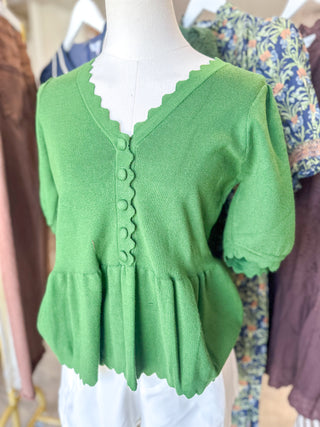 Pine Noelle Scallop Trim Peplum Knit Top