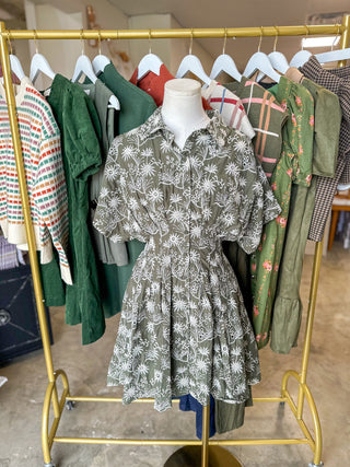 Olive Whimsy Wildflowers Embroidered Pleated Mini Dress
