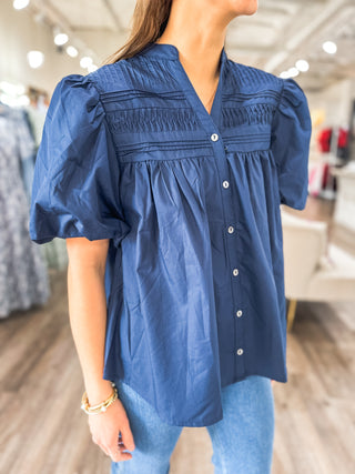 Navy Petal Pleats Pintuck Detail Blouse