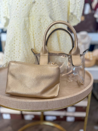 Gold Amora Clear Crossbody W/ Leather Trim Purse