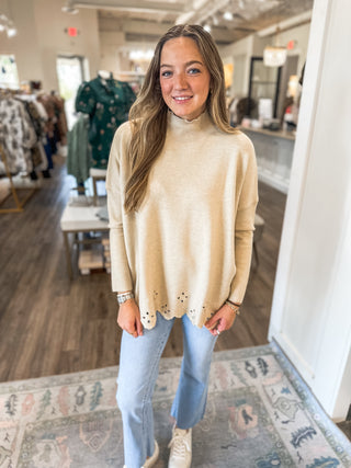Oatmeal Soft & Sleek Scalloped Eyelet Hem Long Sleeve Sweater Top
