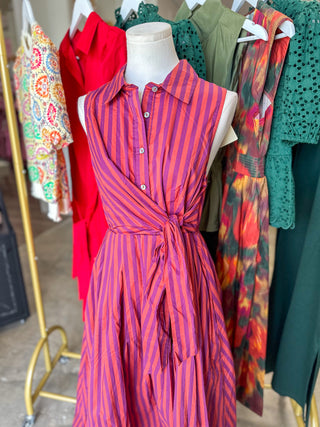 Plum Terracotta Striped Tie Waist Midi Dress