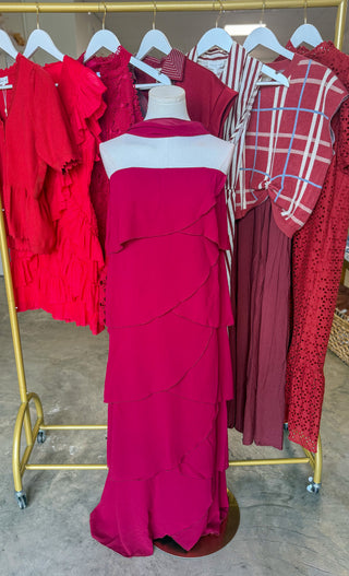 Wine Ruffled Romance Maxi Dress W/ Neck Scarf