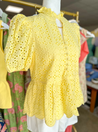Lemon Yellow Eloise Eyelet Peplum Top