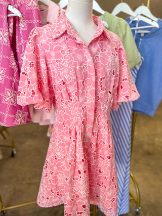 Coral Pink Cutout Floral Eyelet Puff Sleeve Mini Dress