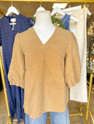 Taupe Diamond Textured Puff Sleeve Top