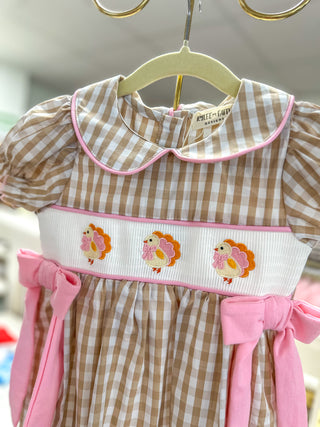 Fall Thanksgiving Lapel Plaid Chick Embroidery Smocking Bow Dress