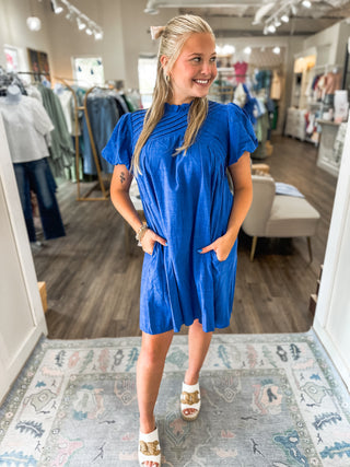 Bright Blue Skies Pintuck Detail Bubble Sleeve Mini Dress