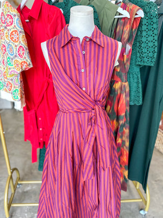 Plum Terracotta Striped Tie Waist Midi Dress