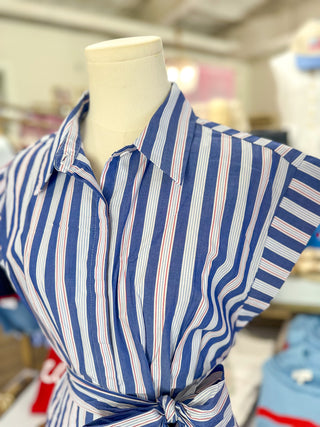 Dark Blue Striped Samara Button Up Mini Dress