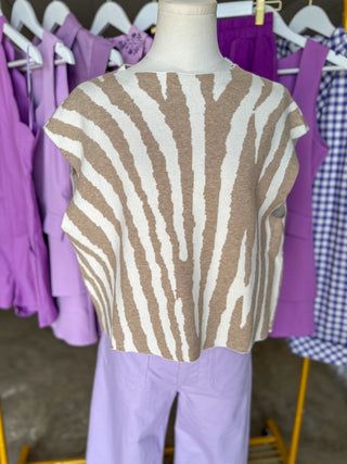Ivory & Tan Tiger Stripe Boxy Mock Neck Sweater Top