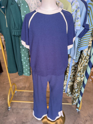 Mia Navy/Cream Cloudy Knit Rounded S/S Top & Pants Set