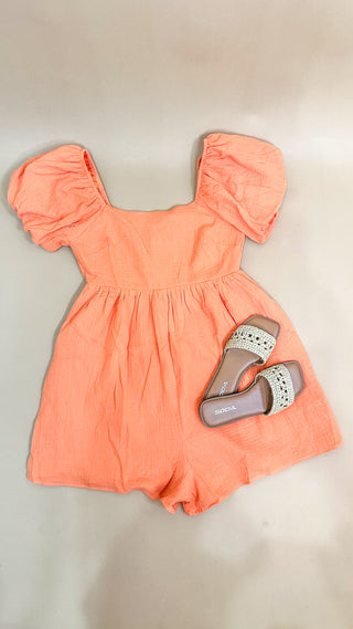 Orange Crush Square Neck Gauze Bubble Sleeve Romper