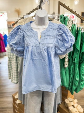 Carolina Blue Darling Delight Details Puff Sleeve Blouse