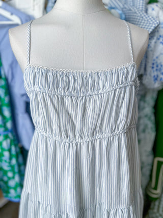 Baby Blue Stripe Shirred Empire Waist Midi Dress