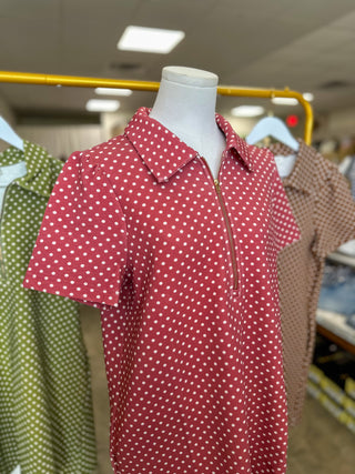 Brick Go-To Polka Dot Half Zip Mini Dress