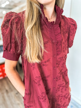 Burgundy Adorned in Ivy Vine Applique Button-down Dress