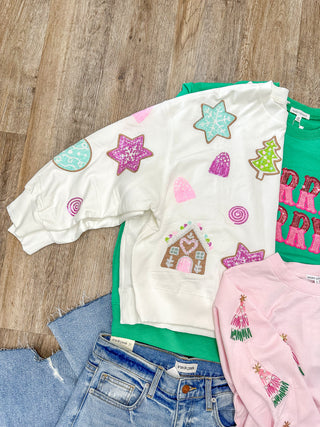 Pink Gingerbread House Family Tradition Sequin Sweatshirt